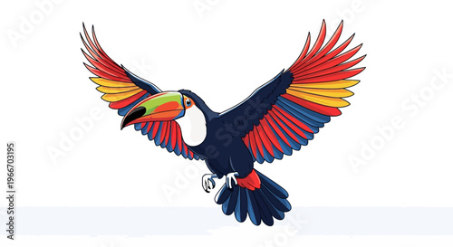 Colorful toucan in flight with vibrant plumage on transparent background silhouette