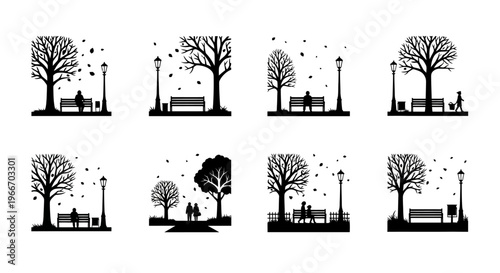 Autumn park scene with benches and people a repeating silhouette on transparent background