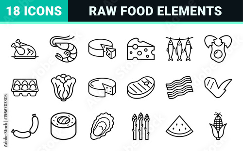 Culinary Ingredients and Grocery Essentials Minimalist Monoline Icon Set featuring Meat, Dairy, Seafood, and Fresh Organic Produce