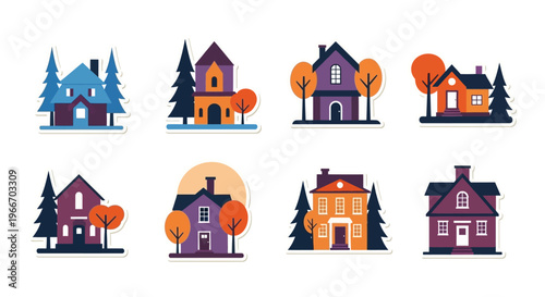 Colorful illustrated houses and trees collection on transparent background silhouette