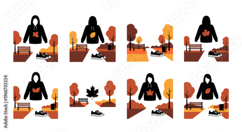 Autumn hooded sweatshirt mockups with park scenery on transparent background silhouette