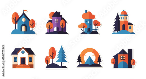 Colorful autumn village houses and trees a flat design silhouette on transparent background