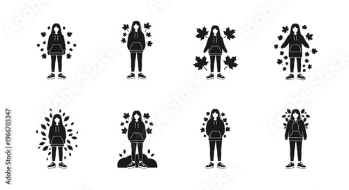 Four young women in hoodies surrounded by autumn leaves silhouette on transparent background