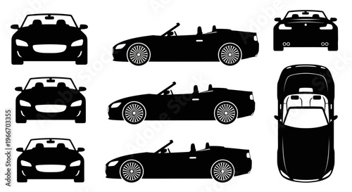 Black Convertible Sports Car Silhouettes: Front, Side, Top Views