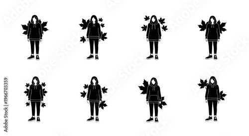 Multiple hooded figures with maple leaves ideal for design on transparent background silhouette