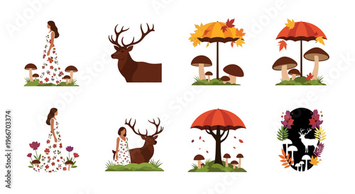 Autumnal forest scene with deer woman and mushrooms on transparent background silhouette