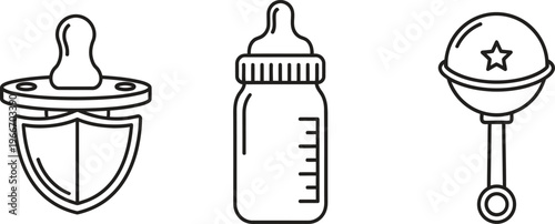 Set of minimalist baby care outline icons featuring a pacifier feeding bottle and rattle ideal for newborn announcements or pediatric design