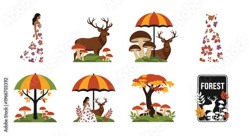 Autumn forest elements with deer mushrooms and foliage silhouette on transparent background