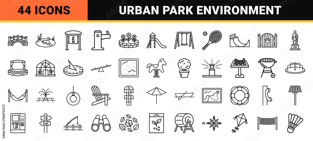 Obraz premium Community Park Infrastructure and Public Recreation Space Monoline Icons featuring Minimalist Geometric Outdoor Furniture and Landscape Elements