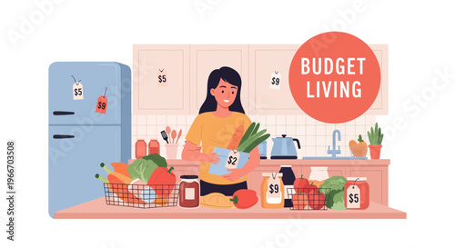 Woman Arranging Groceries for Budget Living in a Modern Kitchen