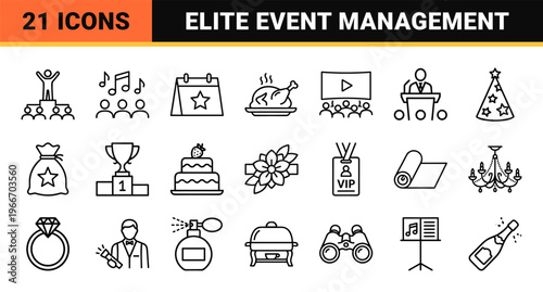 Event Planning and Celebration Entertainment Minimalist Monoline Outline Icons for Gala Ceremonies Red Carpet Awards and Nightlife Festivals
