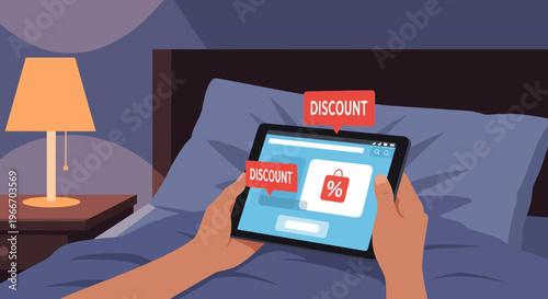 Person browsing tablet in bed with discount notifications for online shopping