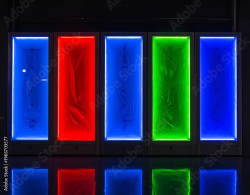 A row of illuminated rectangular panels with different colored lights
