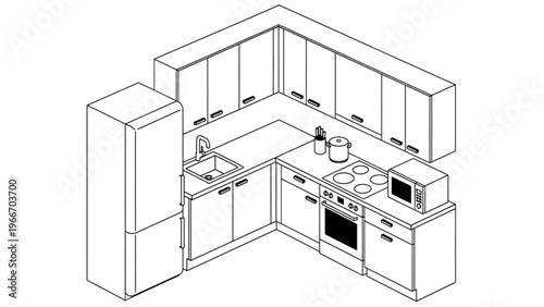 Architectural concept rendering of an L-shaped kitchen design, complete with essential cooking appliances