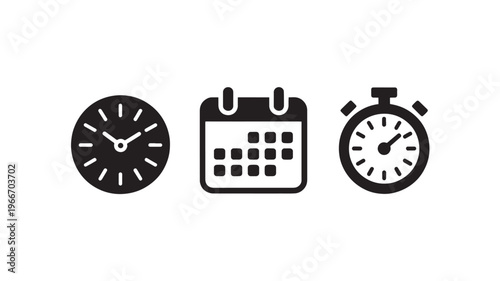 Time Management Icons Set with Clock Calendar Stopwatch for Productivity Scheduling and Planning