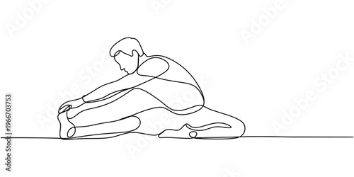 Man stretching his legs on yoga exercise. Energetic male doing exercise in yoga continuous one line draw design isolated on white background. Minimalist style vector design illustration