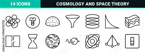 Theoretical Physics and Cosmology Outline Icons for Research and Educational Diagrams, Minimalist Monoline Geometric Line Art Style.