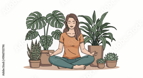 Woman meditating peacefully surrounded by various potted houseplants