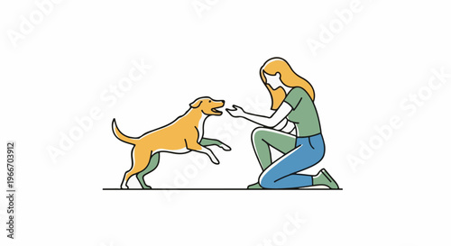 Woman kneels, offering hand to playful dog in minimalist line art style