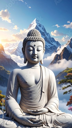 A serene white Buddha statue sits before a majestic mountain range