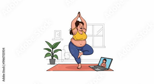 Woman in yoga pose follows online instructor on laptop