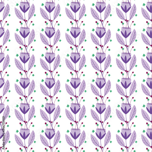 Purple Floral Seamless Pattern With Stylized Tulips And Leaves For Decorative Background And Textile
