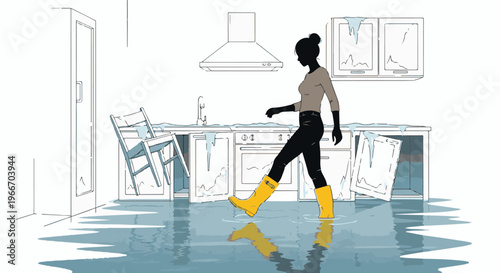 Woman in yellow boots walks through flooded kitchen with debris and appliances