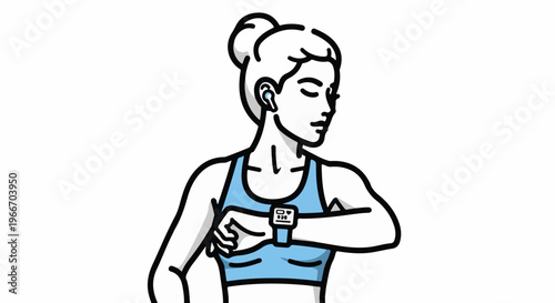 Woman in workout gear checking her smartwatch and wearing earbuds