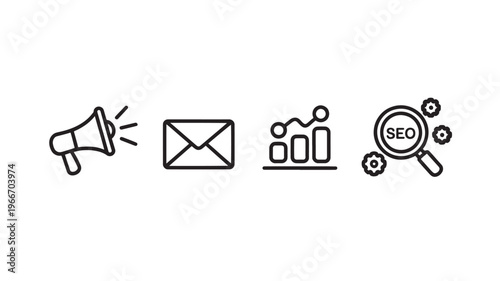 SEO optimization icons marketing strategy megaphone email analytics chart symbols black minimalist isolated