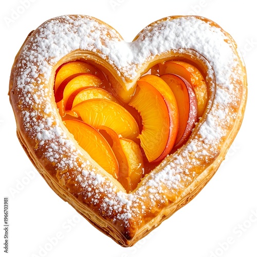 A heart-shaped pastry filled with sliced peaches and powdered sugar
