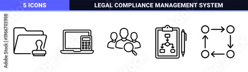 Regulatory Compliance and Corporate Governance Icons in Minimalist Geometric Line Art Style for Professional Business Auditing and Legal Documentation.
