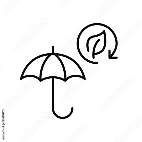 Umbrella, leaf and renew arrow. Sustainable coverage, insurance and eco-friendly protection. Pixel perfect, editable stroke vector icon