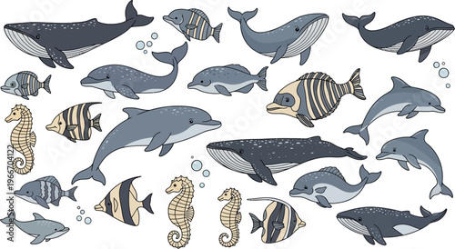A collection of various marine animals including whales, dolphins, fish, and seahorses in a cartoon illustration style.