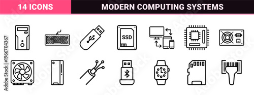 Computer Technology and Digital Hardware Linear Editable Icons. Minimalist Monoline Geometric Line Art for System Infrastructure Design.