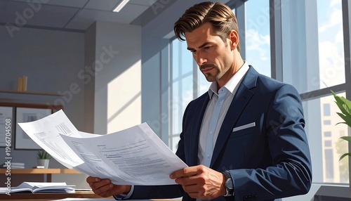 A man in a suit reviews documents at a desk