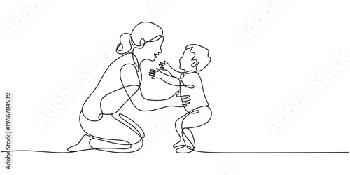 Mom with her young kid in continuous line art drawing style. Mother playing and teaching her toddler child. Minimalist black linear sketch isolated on white background. Vector illustration