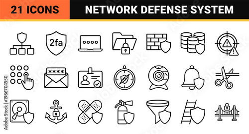 Cybersecurity and Data Protection Minimalist Geometric Line Art Icon Set for Network Safety and Digital Privacy Software Design