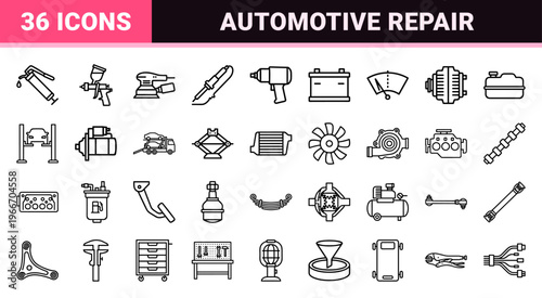 Automotive Repair and Garage Maintenance Service Minimalist Monoline Outline Symbols for Professional Workshop Navigation and Interface Design