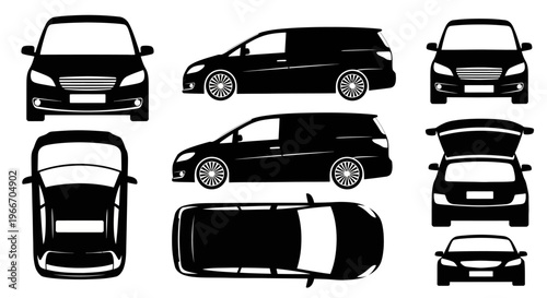 Black minivan silhouette from multiple angles: front, side, top, back, open trunk
