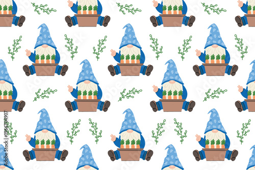 Cute gardening gnome pattern with vegetables and leaves vector