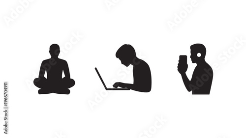 Wellness Technology Silhouette Set Meditating Working Smartphone Minimalist Black Icons