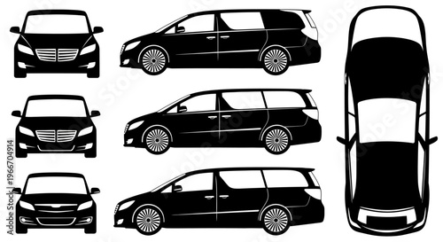 Black minivan silhouette: front, side, and top views. Vector illustration.