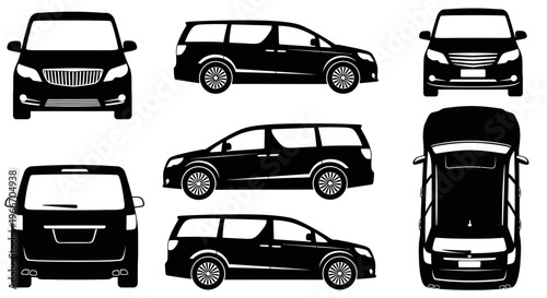 Black Minivan Vehicle Silhouettes: Front, Side, Rear, and Top Views