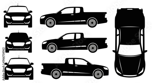 Black Pickup Truck Silhouettes: Front, Side, and Top Views