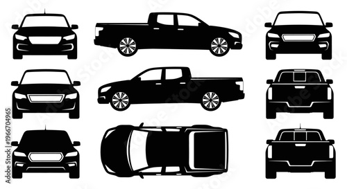 Black Pickup Truck Silhouette: Front, Side, Rear, Top Views