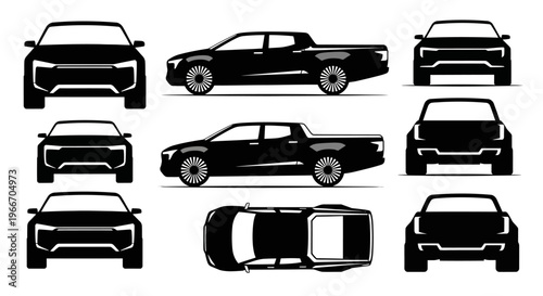 Black Pickup Truck Silhouettes: Front, Side, Top Views - Modern Design