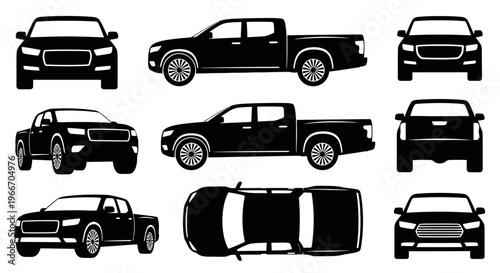Black pickup truck silhouettes from multiple angles: front, side, rear, and top views.