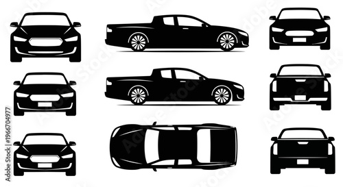 Black Pickup Truck Silhouettes: Front, Side, Top Views - Vector Set