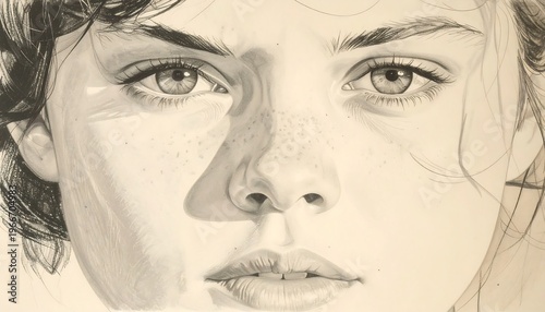 A woman's face with intense gaze and scattered freckles