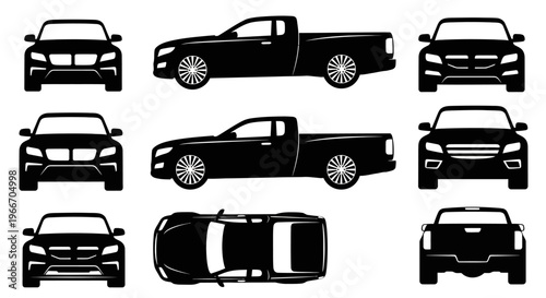 Black Pickup Truck Silhouettes: Front, Side, Top, and Rear Views